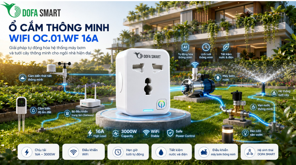  Ứng dụng ổ cắm thông minh wifi đơn OC.01.WF 16A để tự động hóa hệ thống máy bơm và tưới cây