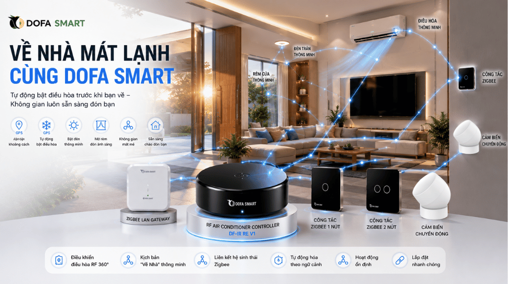  Hướng dẫn cài đặt kịch bản "về nhà" mát lạnh cùng bộ điều khiển RF điều hòa DOFA SMART
