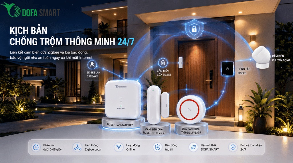  Kịch bản chống trộm với Cảm biến cửa và Loa báo động DOFA SMART
