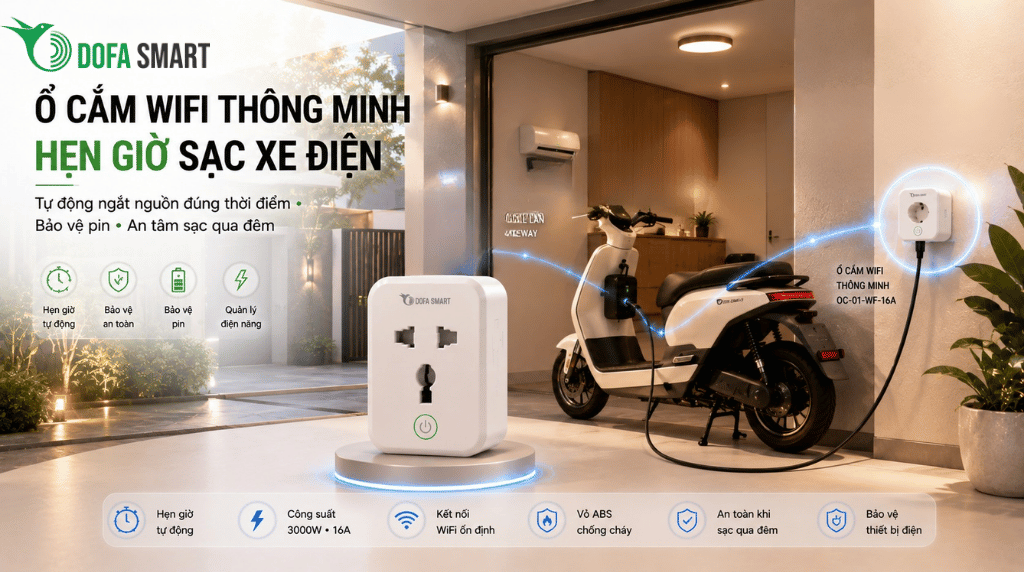  Ổ cắm thông minh Wifi DOFA SMART: Giải pháp hẹn giờ sạc xe máy điện tự ngắt chống cháy nổ tại nhà