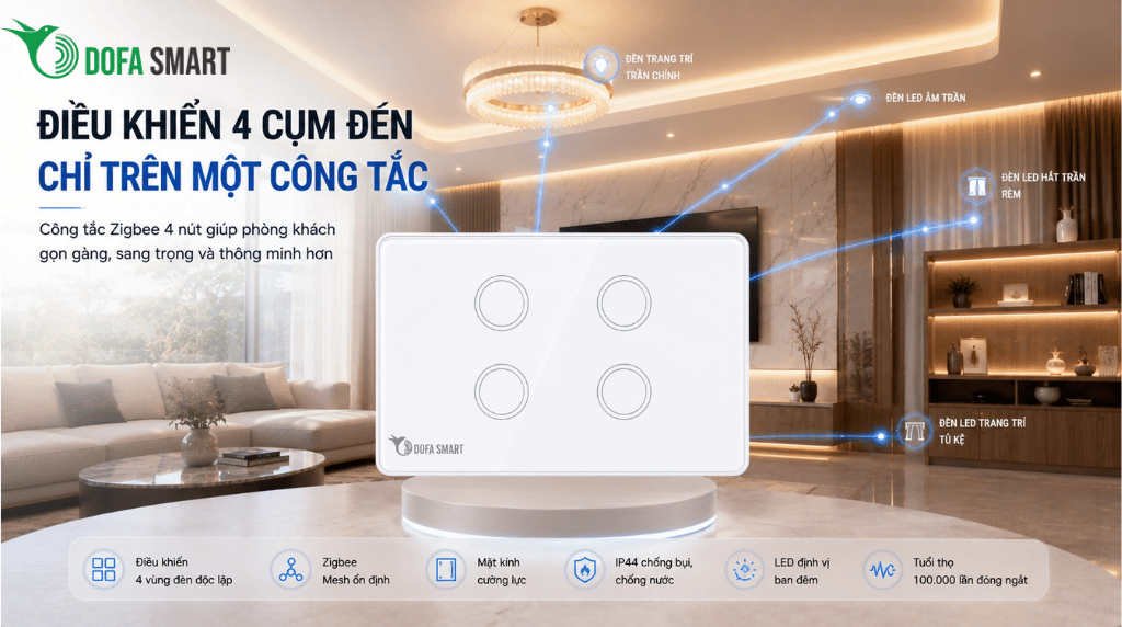  Tối ưu hóa không gian phòng khách: Điều khiển 4 cụm đèn độc lập trên một mặt công tắc 4 nút Zigbee
