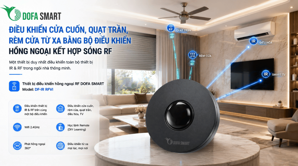  Điều khiển cửa cuốn, quạt trần, rèm cửa từ xa bằng bộ điều khiển hồng ngoại kết hợp sóng RF